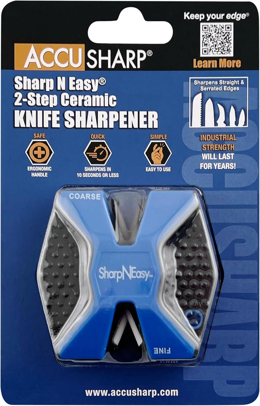 AccuSharp 2-Step Knife Sharpener - Sharpens, Restores, & Hones - 2-Step Coarse and Fine Rods for Kitchen Knives & All Types of Blades - Keychain Pull Through Knife Sharpener - Blue