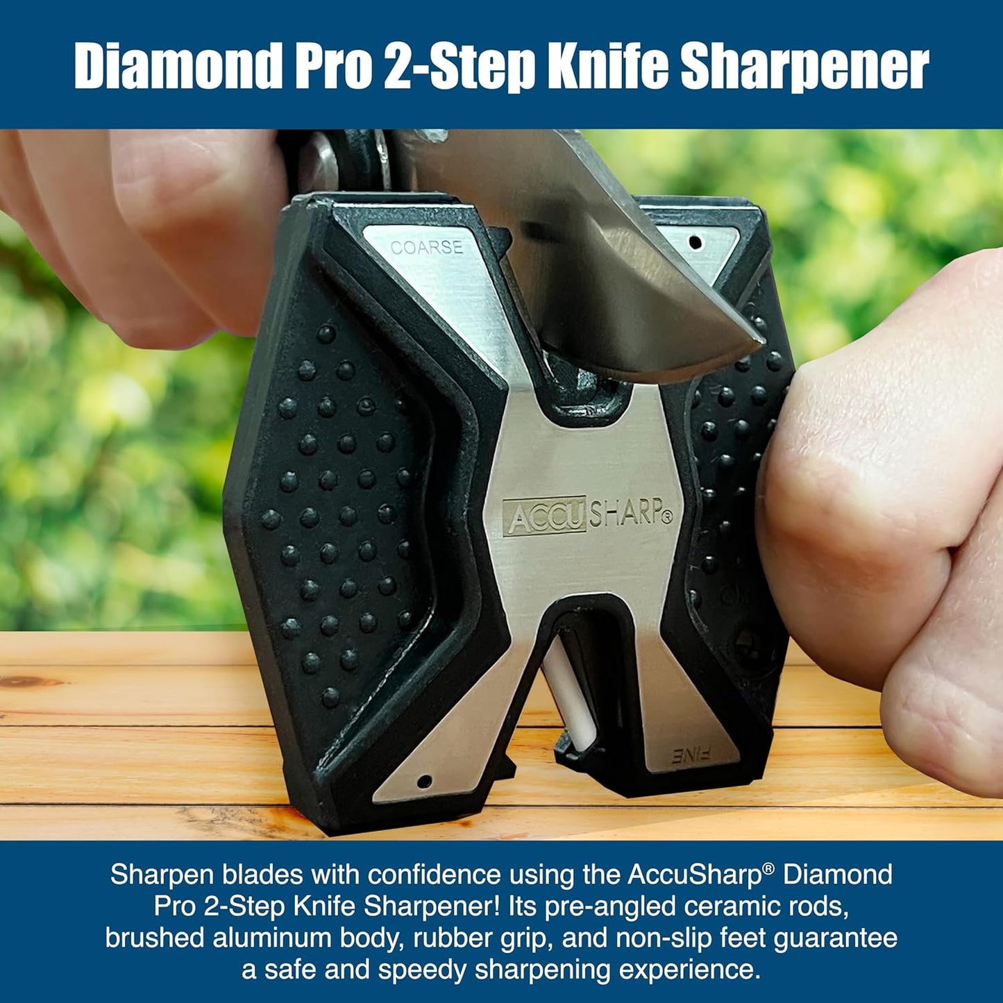 AccuSharp 2-Step Knife Sharpener - Sharpens, Restores, & Hones - 2-Step Coarse and Fine Rods for Kitchen Knives & All Types of Blades - Keychain Pull Through Knife Sharpener - Blue