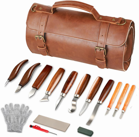 Wood Carving Tools Whittling Kit For Woodworking Hobby Wooden Carving Knife Sets For Beginners with Leather Storage Bag DIY Art Craft Gift