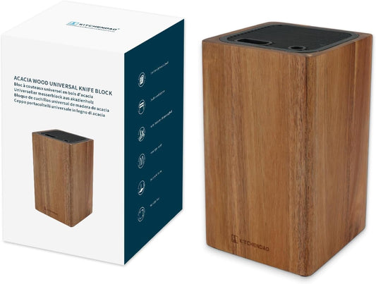 Deluxe Universal Knife Block with Slots for Scissors and Sharpening Rod - Acacia Wood Knife Block For Safe, Space Saver Knives Storage - Unique Slot Design to Protect Blades
