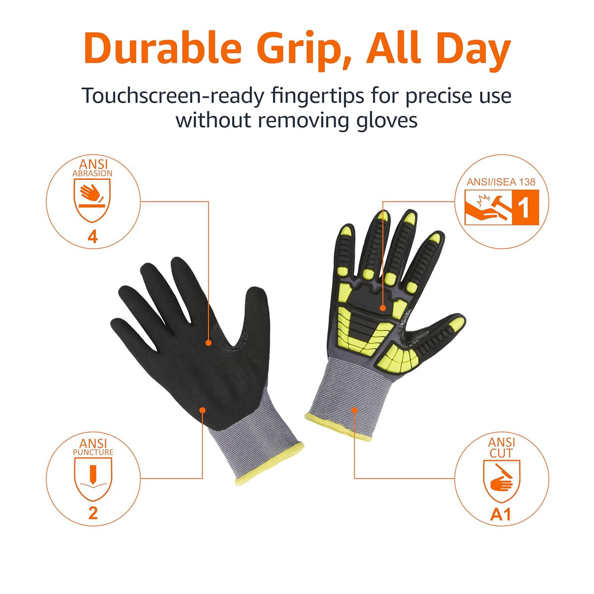 Safety Work Gloves, Cut Level A1, Abrasion ANSI Level A4, Impact Resistant, Touch Screen Friendly, 15G Sandy Nitrile Palm, Yellow, Size X-Small, Pack of 120 Pairs
