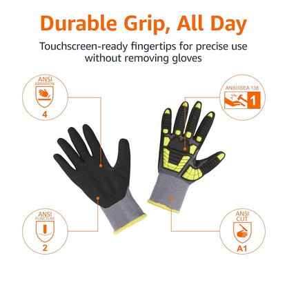 Safety Work Gloves, Cut Level A1, Abrasion ANSI Level A4, Impact Resistant, Touch Screen Friendly, 15G Sandy Nitrile Palm, Yellow, Size X-Small, Pack of 120 Pairs