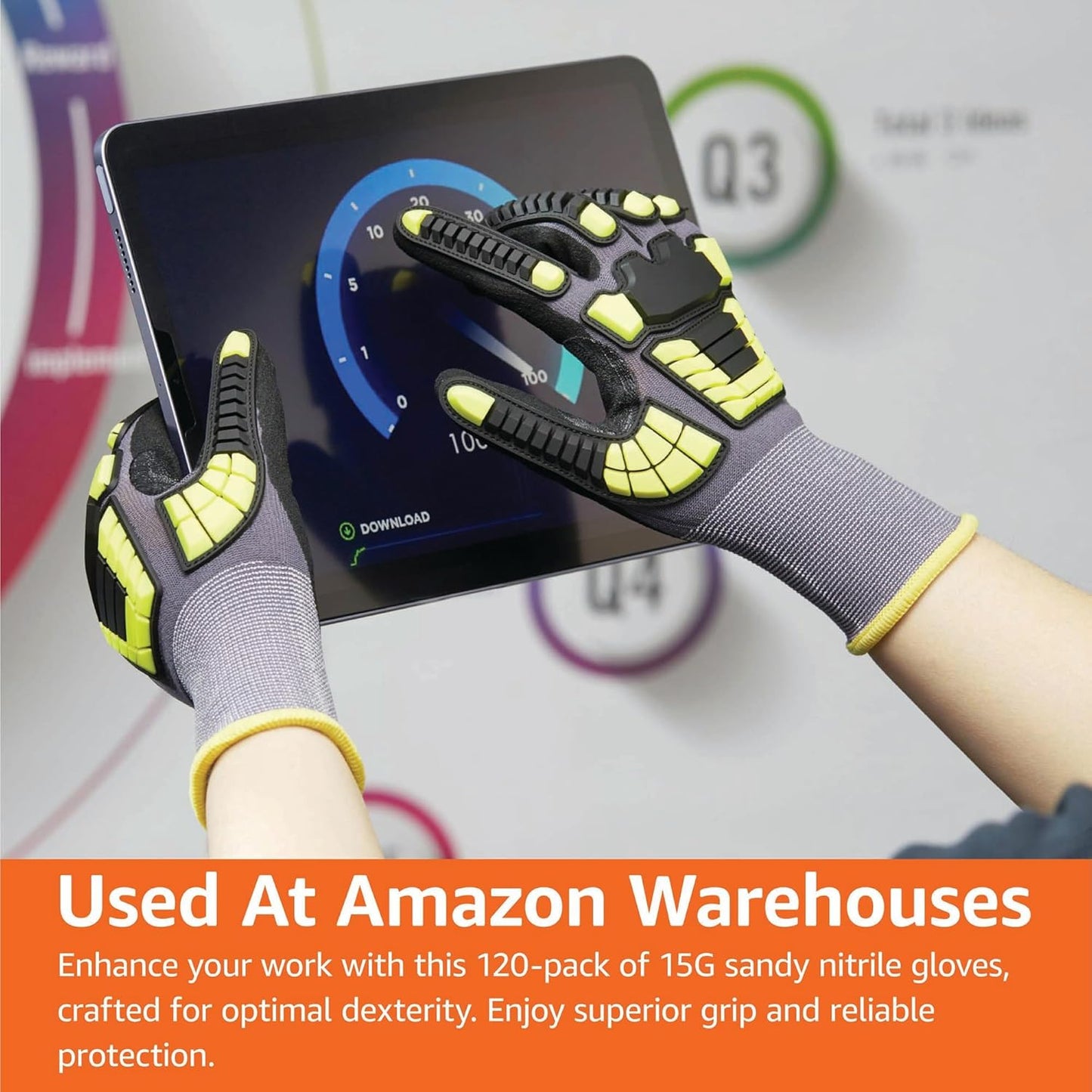 Safety Work Gloves, Cut Level A1, Abrasion ANSI Level A4, Impact Resistant, Touch Screen Friendly, 15G Sandy Nitrile Palm, Yellow, Size X-Small, Pack of 120 Pairs