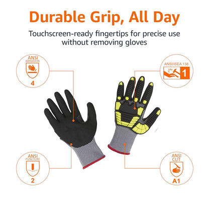 Safety Work Gloves, Cut Level A1, Abrasion ANSI Level A4, Impact Resistant, Touch Screen Friendly, 15G Sandy Nitrile Palm, Yellow, Size X-Small, Pack of 120 Pairs