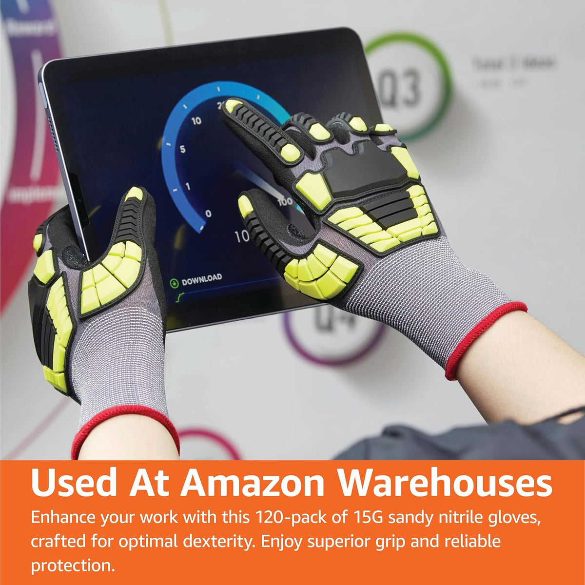 Safety Work Gloves, Cut Level A1, Abrasion ANSI Level A4, Impact Resistant, Touch Screen Friendly, 15G Sandy Nitrile Palm, Yellow, Size X-Small, Pack of 120 Pairs