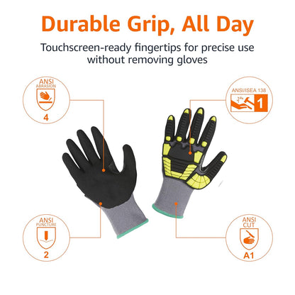 Safety Work Gloves, Cut Level A1, Abrasion ANSI Level A4, Impact Resistant, Touch Screen Friendly, 15G Sandy Nitrile Palm, Yellow, Size X-Small, Pack of 120 Pairs