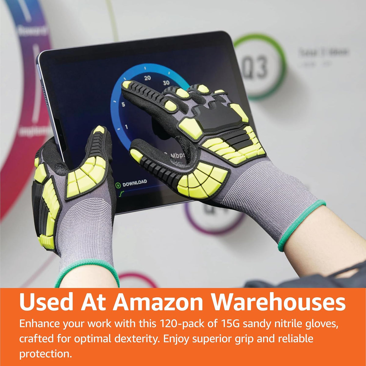 Safety Work Gloves, Cut Level A1, Abrasion ANSI Level A4, Impact Resistant, Touch Screen Friendly, 15G Sandy Nitrile Palm, Yellow, Size X-Small, Pack of 120 Pairs