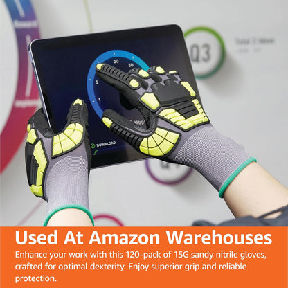 Safety Work Gloves, Cut Level A1, Abrasion ANSI Level A4, Impact Resistant, Touch Screen Friendly, 15G Sandy Nitrile Palm, Yellow, Size X-Small, Pack of 120 Pairs
