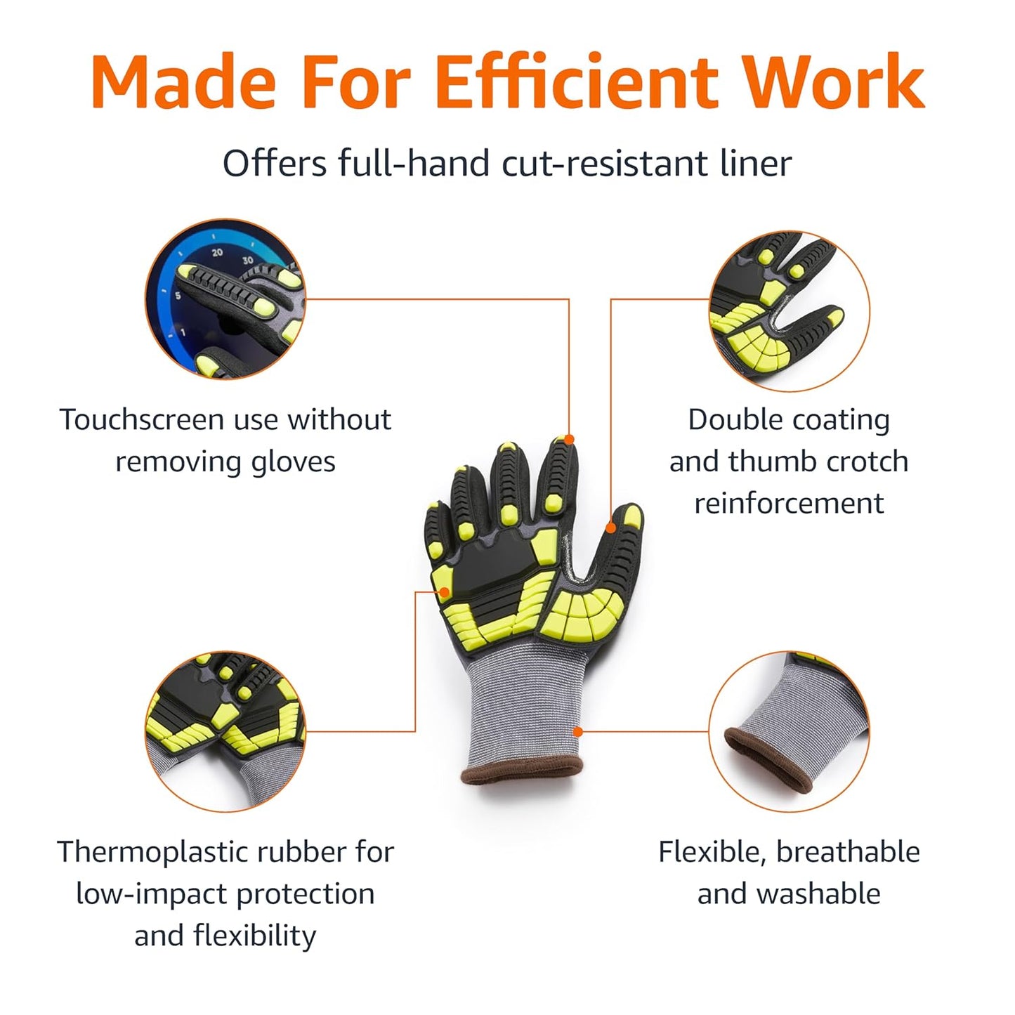 Safety Work Gloves, Cut Level A1, Abrasion ANSI Level A4, Impact Resistant, Touch Screen Friendly, 15G Sandy Nitrile Palm, Yellow, Size X-Small, Pack of 120 Pairs