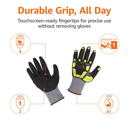 Safety Work Gloves, Cut Level A1, Abrasion ANSI Level A4, Impact Resistant, Touch Screen Friendly, 15G Sandy Nitrile Palm, Yellow, Size X-Small, Pack of 120 Pairs