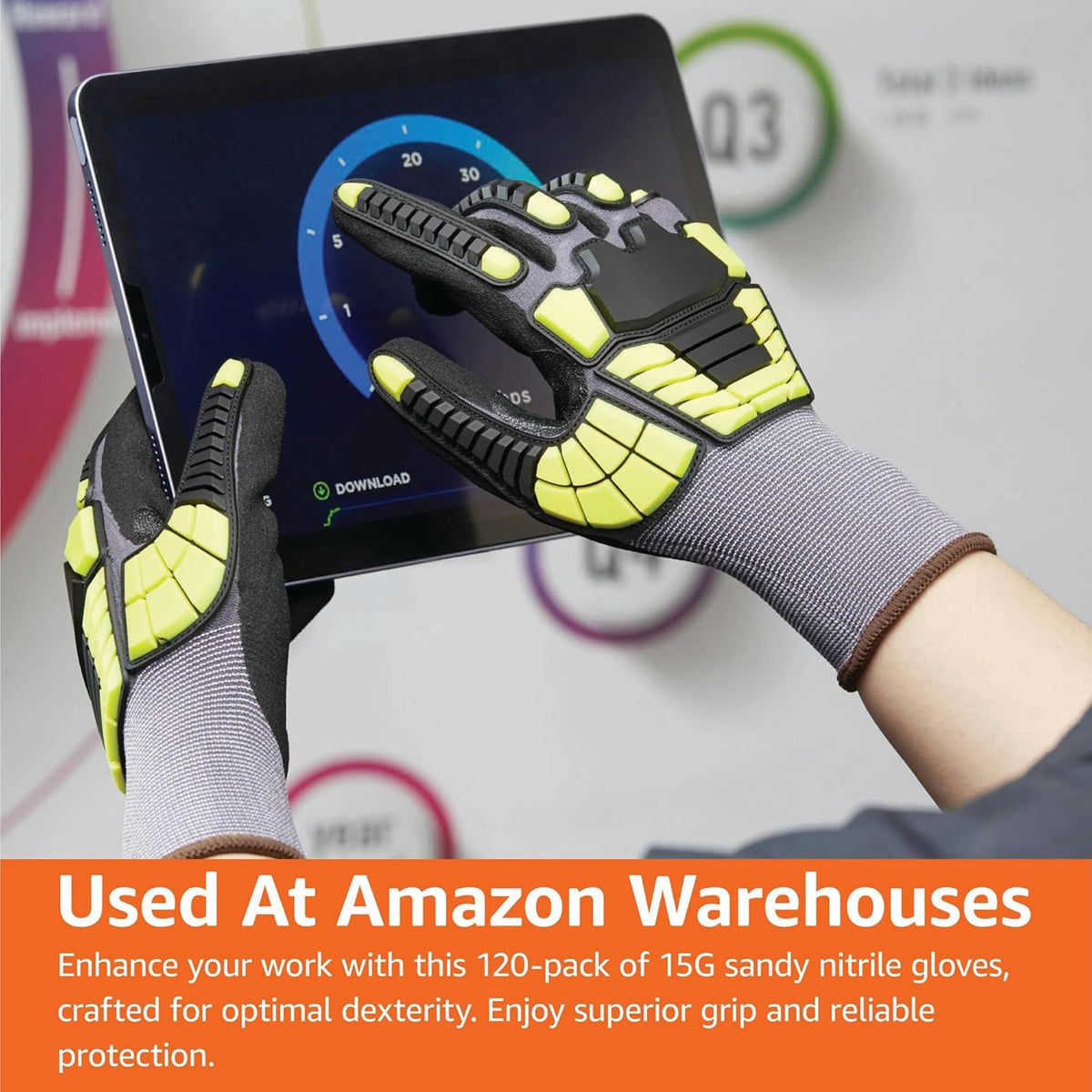 Safety Work Gloves, Cut Level A1, Abrasion ANSI Level A4, Impact Resistant, Touch Screen Friendly, 15G Sandy Nitrile Palm, Yellow, Size X-Small, Pack of 120 Pairs
