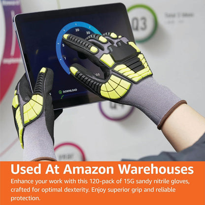 Safety Work Gloves, Cut Level A1, Abrasion ANSI Level A4, Impact Resistant, Touch Screen Friendly, 15G Sandy Nitrile Palm, Yellow, Size X-Small, Pack of 120 Pairs