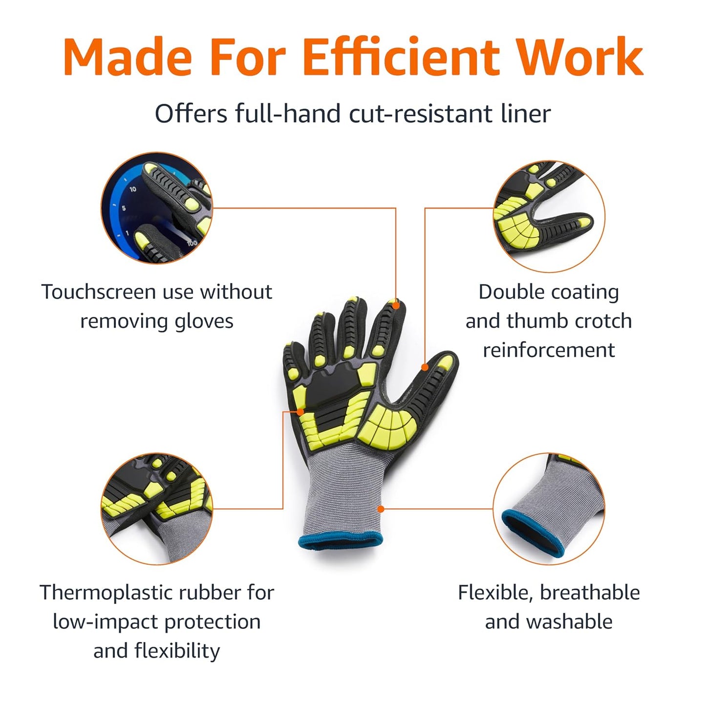 Safety Work Gloves, Cut Level A1, Abrasion ANSI Level A4, Impact Resistant, Touch Screen Friendly, 15G Sandy Nitrile Palm, Yellow, Size X-Small, Pack of 120 Pairs