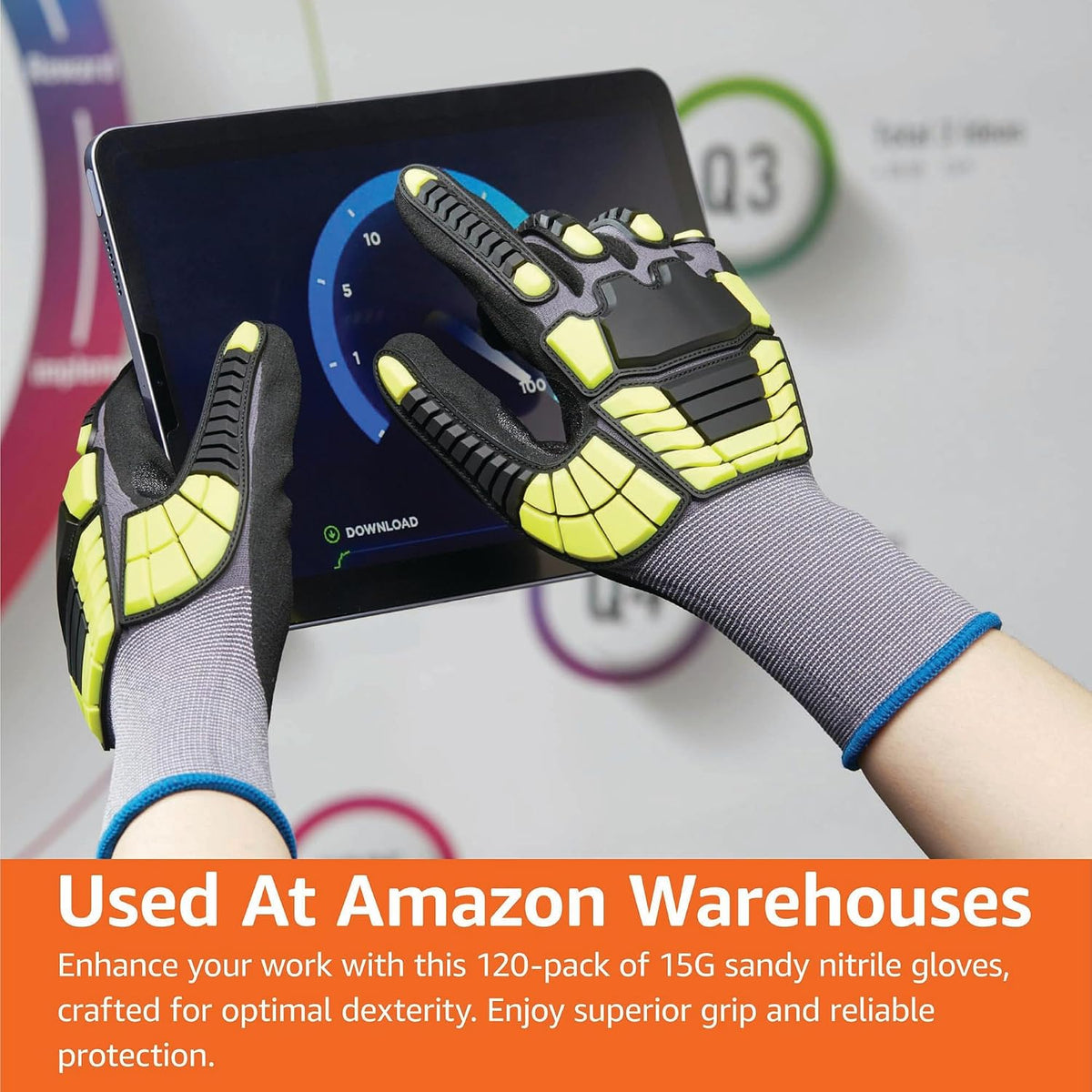Safety Work Gloves, Cut Level A1, Abrasion ANSI Level A4, Impact Resistant, Touch Screen Friendly, 15G Sandy Nitrile Palm, Yellow, Size X-Small, Pack of 120 Pairs