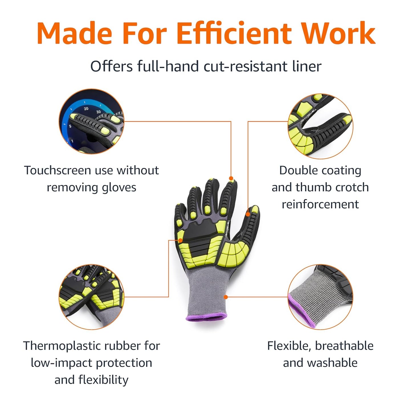 Safety Work Gloves, Cut Level A1, Abrasion ANSI Level A4, Impact Resistant, Touch Screen Friendly, 15G Sandy Nitrile Palm, Yellow, Size X-Small, Pack of 120 Pairs