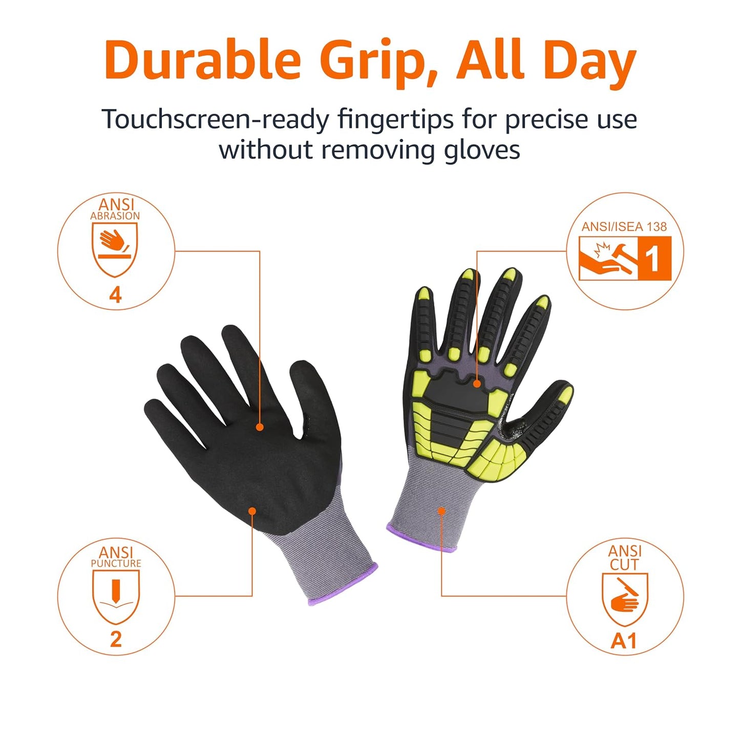 Safety Work Gloves, Cut Level A1, Abrasion ANSI Level A4, Impact Resistant, Touch Screen Friendly, 15G Sandy Nitrile Palm, Yellow, Size X-Small, Pack of 120 Pairs