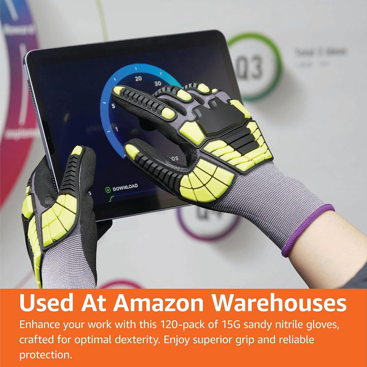 Safety Work Gloves, Cut Level A1, Abrasion ANSI Level A4, Impact Resistant, Touch Screen Friendly, 15G Sandy Nitrile Palm, Yellow, Size X-Small, Pack of 120 Pairs