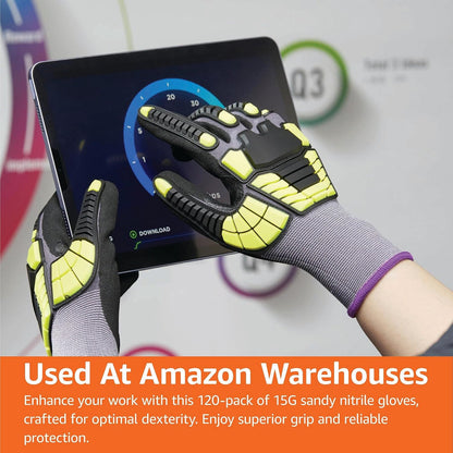 Safety Work Gloves, Cut Level A1, Abrasion ANSI Level A4, Impact Resistant, Touch Screen Friendly, 15G Sandy Nitrile Palm, Yellow, Size X-Small, Pack of 120 Pairs