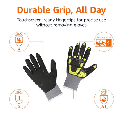Safety Work Gloves, Cut Level A1, Abrasion ANSI Level A4, Impact Resistant, Touch Screen Friendly, 15G Sandy Nitrile Palm, Yellow, Size X-Small, Pack of 120 Pairs