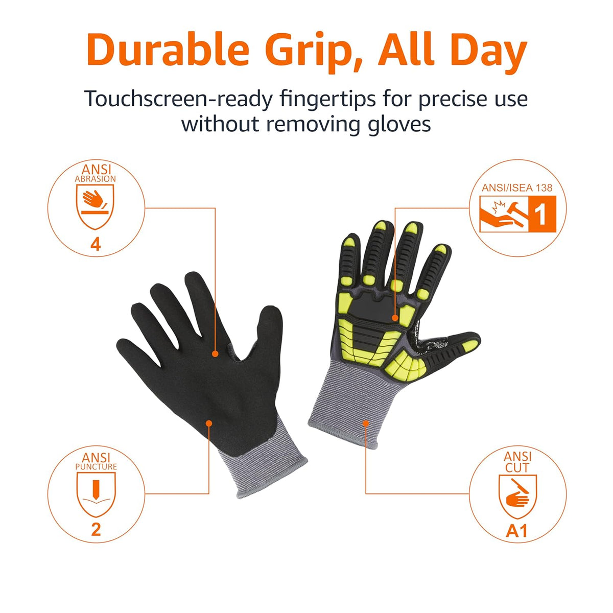 Safety Work Gloves, Cut Level A1, Abrasion ANSI Level A4, Impact Resistant, Touch Screen Friendly, 15G Sandy Nitrile Palm, Yellow, Size X-Small, Pack of 120 Pairs