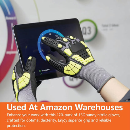 Safety Work Gloves, Cut Level A1, Abrasion ANSI Level A4, Impact Resistant, Touch Screen Friendly, 15G Sandy Nitrile Palm, Yellow, Size X-Small, Pack of 120 Pairs