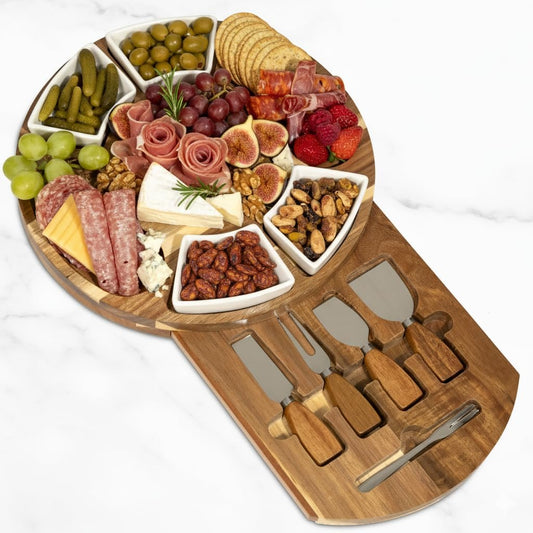 Acacia Cheese Board & Knife Set, Round Charcuterie Board with Ceramic Bowls, Hidden Slide-Out Drawer & Serving Utensils, Housewarming & Wedding Gift