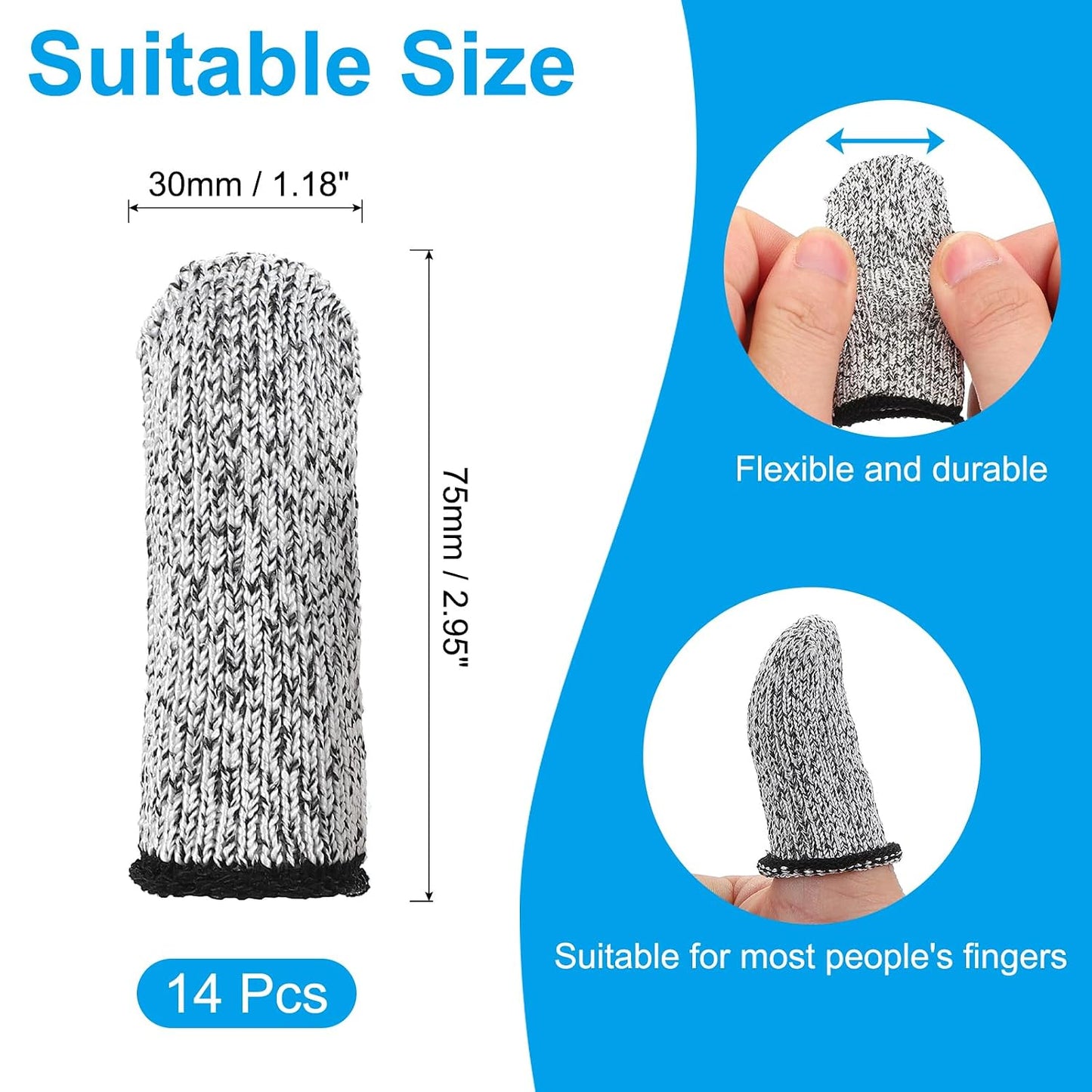 Cut Resistant Finger Cots Protectors 3 x 1.2 Inch, 14 Pcs Reusable Anti-Cut Finger Sleeve Covers for Kitchen Food Cutting Sculpture Work Garden, Grey