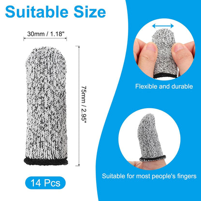 Cut Resistant Finger Cots Protectors 3 x 1.2 Inch, 14 Pcs Reusable Anti-Cut Finger Sleeve Covers for Kitchen Food Cutting Sculpture Work Garden, Grey