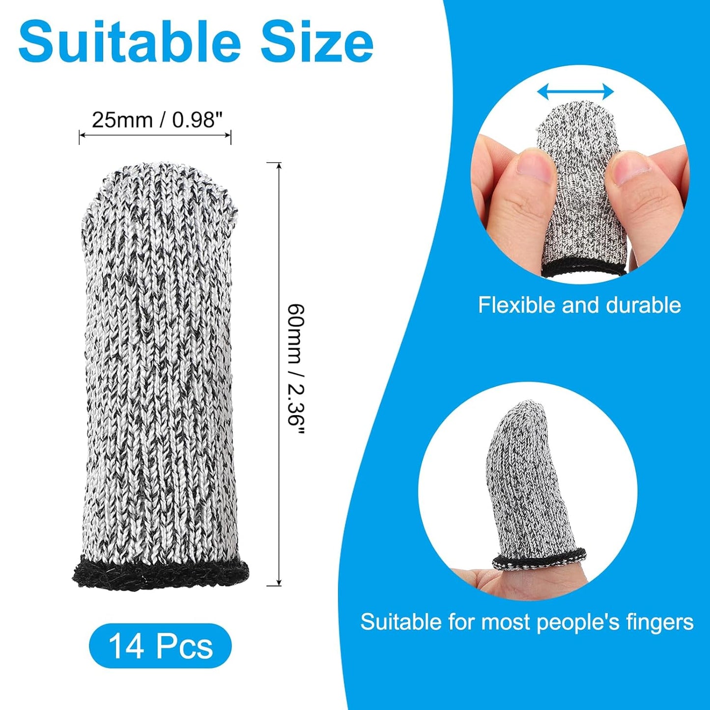 Cut Resistant Finger Cots Protectors 3 x 1.2 Inch, 14 Pcs Reusable Anti-Cut Finger Sleeve Covers for Kitchen Food Cutting Sculpture Work Garden, Grey