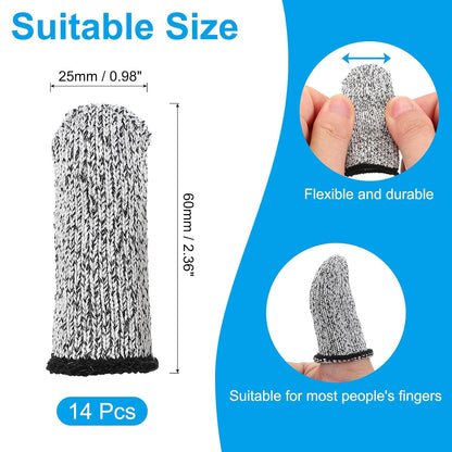 Cut Resistant Finger Cots Protectors 3 x 1.2 Inch, 14 Pcs Reusable Anti-Cut Finger Sleeve Covers for Kitchen Food Cutting Sculpture Work Garden, Grey