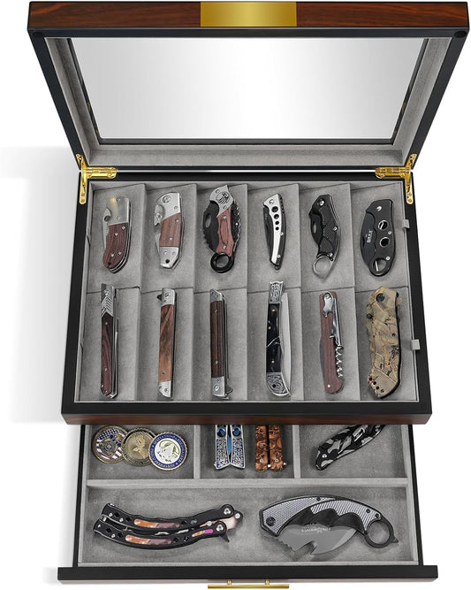 Ikkle Walnut Two-Tier Knife Display Case with Drawer and Real Glass Window Top for Knife Storage and Collections
