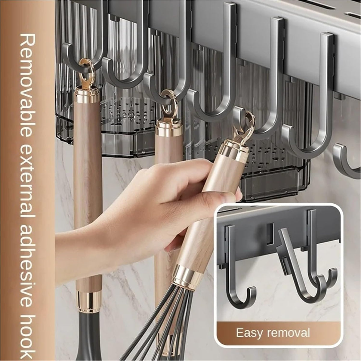 Wall Mounted Kitchen Organizer Knife and Cutlery Holder with Cooking Tools and Towel Hooks Space Saving Kitchen Storage Rack Heavy Duty, Easy to Install and Rust-Resistant(Gray)