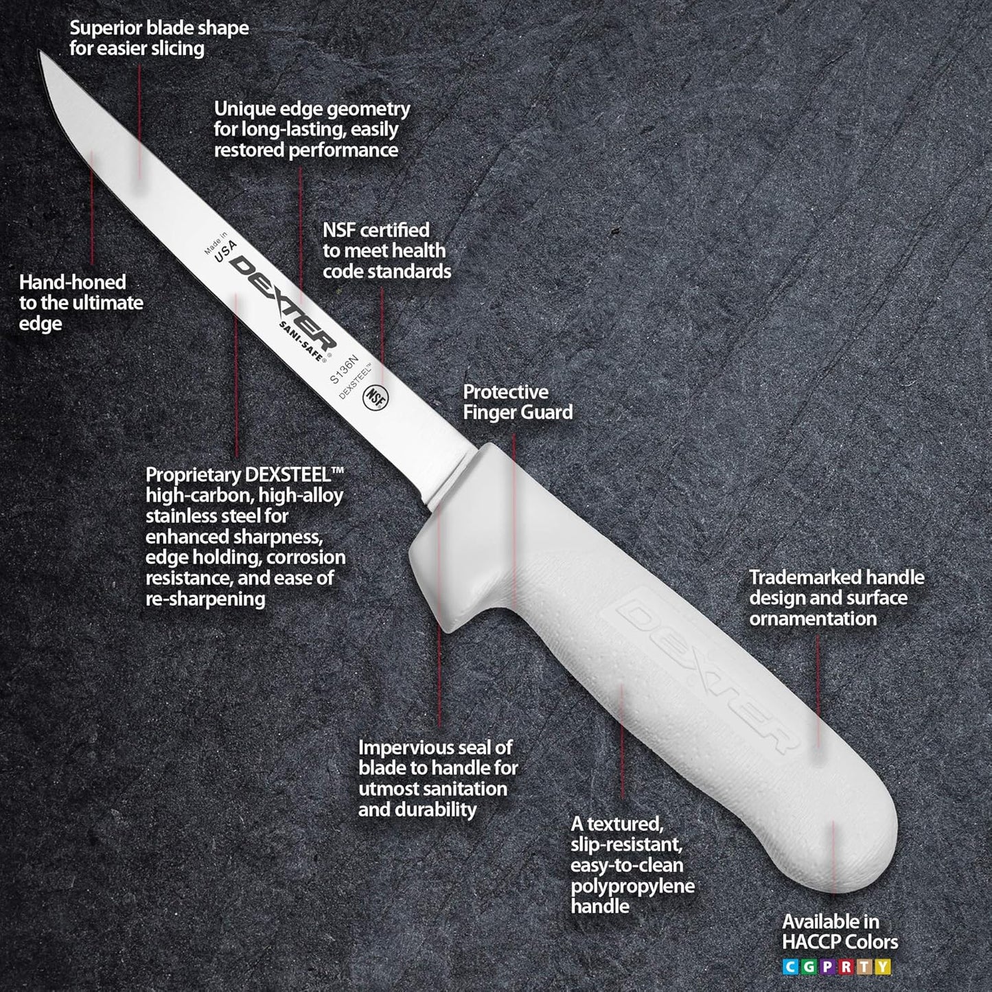 Dexter-Russell 6" Narrow, Stiff Boning Knife, S136N-PCP, SANI-SAFE Series