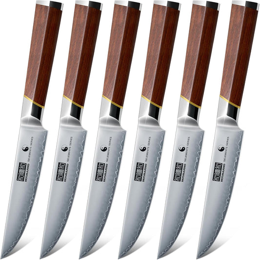 Steak Knife Set of 6, Professional 4.5" Non Serrated Steak Knives | Japanese High Carbon Steel Steak Knife Set, Ultra Sharp Dinner Knives with Ergonomic Handle for Precise Cutting & Gift Box