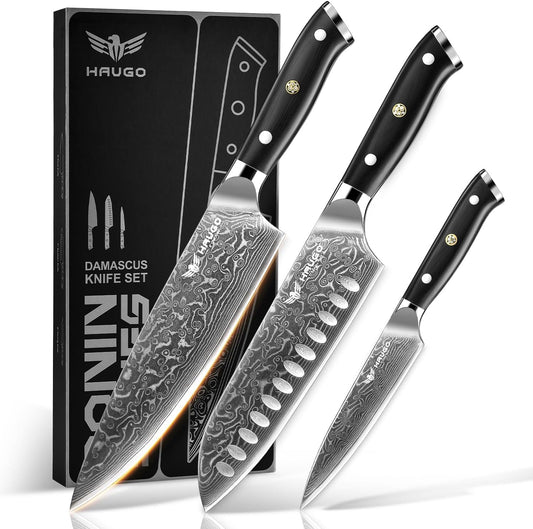 Damascus Knife Set - 3 PCS Professional Chef Knife Set with Japanese VG10 Steel Core - Ultra Sharp Kitchen Knives and Full Tang G10 Handle - Ronin Series - Gift Box