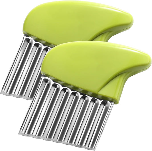 Crinkle Cutter Stainless Steel Potato Slicer Heavy Duty Wavy Crinkle Cutting Chopping Tools with Wooden Handle for Carrot Veggies (2, Green)