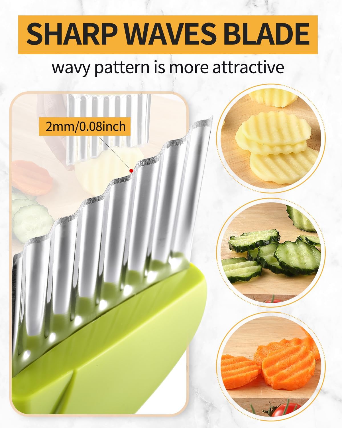 Crinkle Cutter Stainless Steel Potato Slicer Heavy Duty Wavy Crinkle Cutting Chopping Tools with Wooden Handle for Carrot Veggies (2, Green)