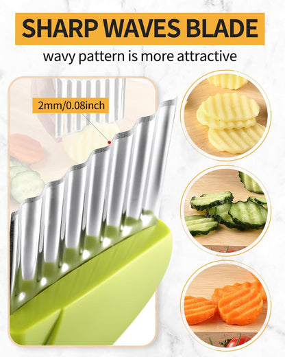 Crinkle Cutter Stainless Steel Potato Slicer Heavy Duty Wavy Crinkle Cutting Chopping Tools with Wooden Handle for Carrot Veggies (2, Green)