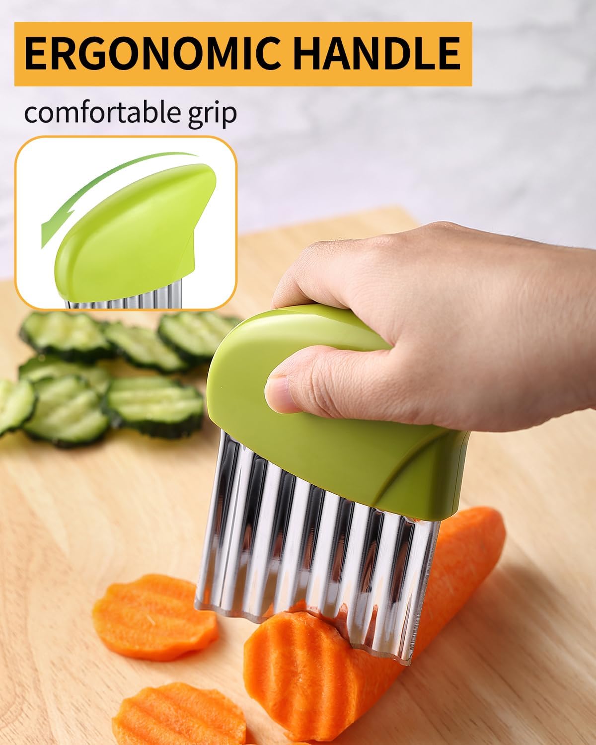 Crinkle Cutter Stainless Steel Potato Slicer Heavy Duty Wavy Crinkle Cutting Chopping Tools with Wooden Handle for Carrot Veggies (2, Green)