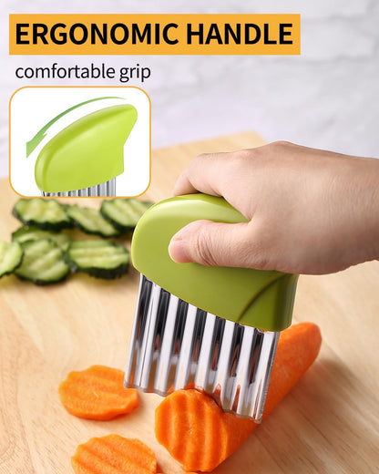 Crinkle Cutter Stainless Steel Potato Slicer Heavy Duty Wavy Crinkle Cutting Chopping Tools with Wooden Handle for Carrot Veggies (2, Green)