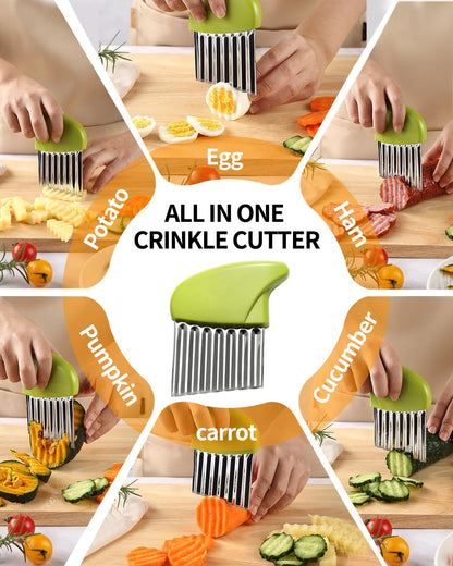 Crinkle Cutter Stainless Steel Potato Slicer Heavy Duty Wavy Crinkle Cutting Chopping Tools with Wooden Handle for Carrot Veggies (2, Green)