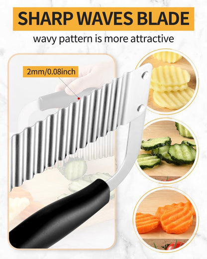 Crinkle Cutter Stainless Steel Potato Slicer Heavy Duty Wavy Crinkle Cutting Chopping Tools with Wooden Handle for Carrot Veggies (2, Green)