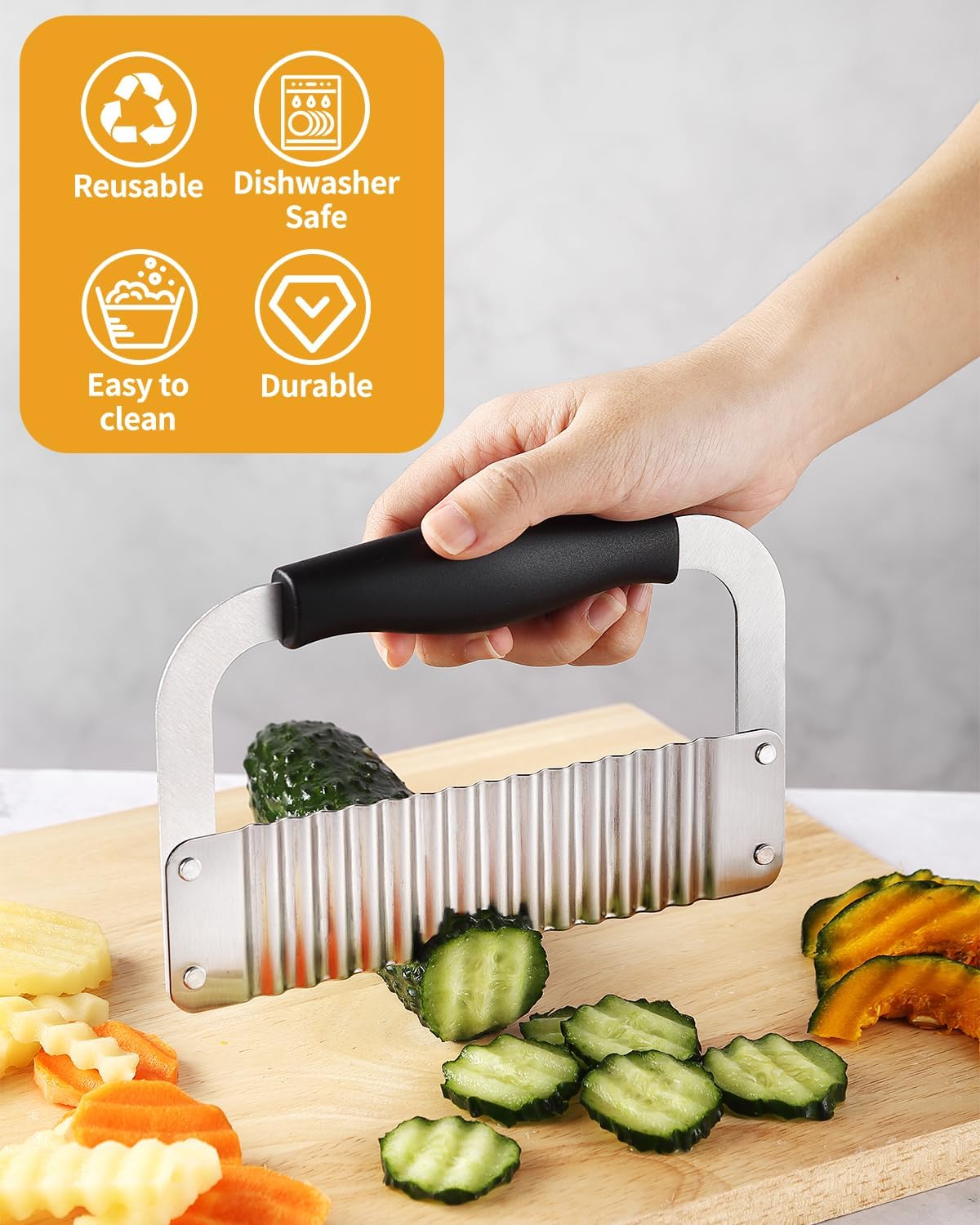 Crinkle Cutter Stainless Steel Potato Slicer Heavy Duty Wavy Crinkle Cutting Chopping Tools with Wooden Handle for Carrot Veggies (2, Green)