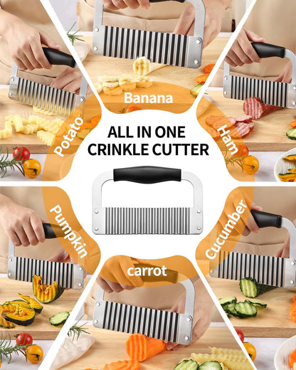 Crinkle Cutter Stainless Steel Potato Slicer Heavy Duty Wavy Crinkle Cutting Chopping Tools with Wooden Handle for Carrot Veggies (2, Green)