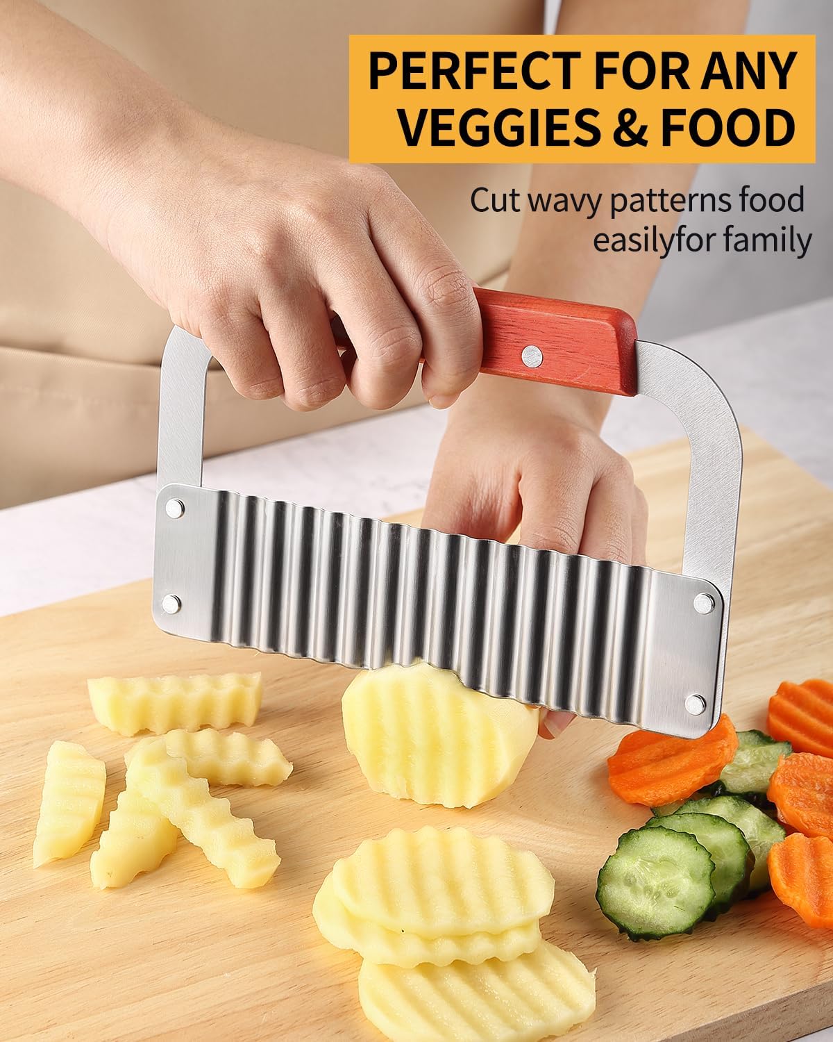 Crinkle Cutter Stainless Steel Potato Slicer Heavy Duty Wavy Crinkle Cutting Chopping Tools with Wooden Handle for Carrot Veggies (2, Green)
