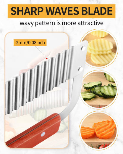 Crinkle Cutter Stainless Steel Potato Slicer Heavy Duty Wavy Crinkle Cutting Chopping Tools with Wooden Handle for Carrot Veggies (2, Green)