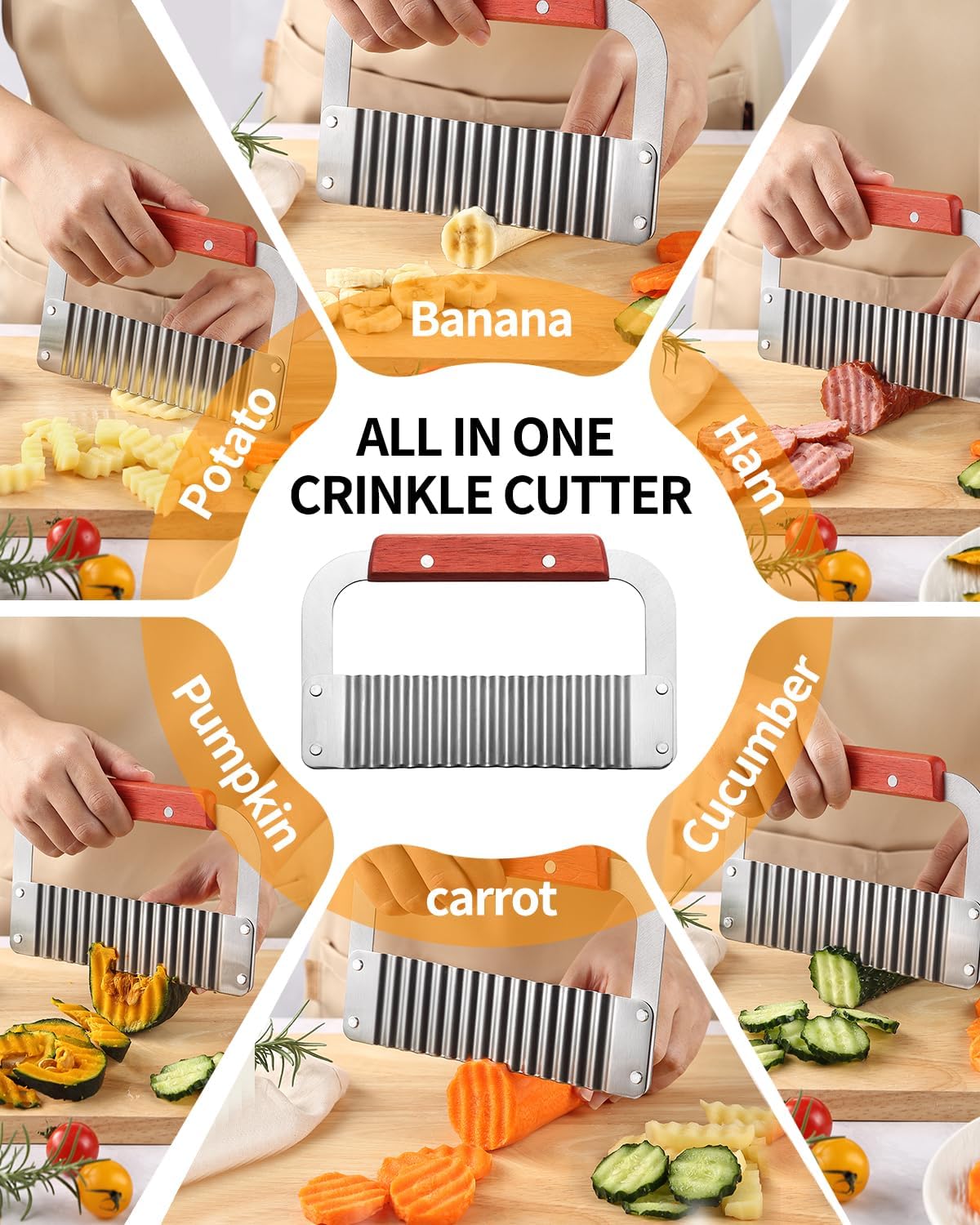 Crinkle Cutter Stainless Steel Potato Slicer Heavy Duty Wavy Crinkle Cutting Chopping Tools with Wooden Handle for Carrot Veggies (2, Green)