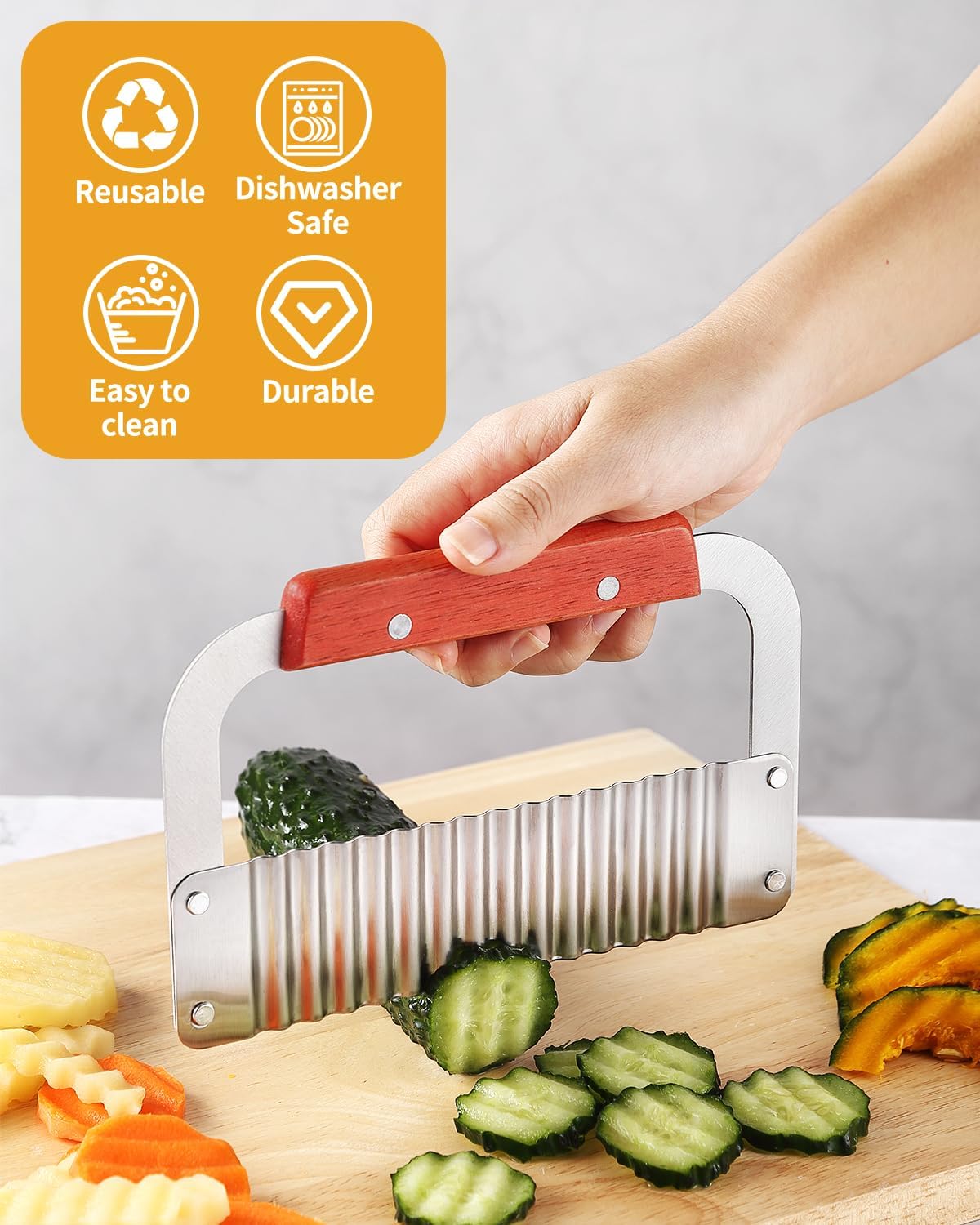Crinkle Cutter Stainless Steel Potato Slicer Heavy Duty Wavy Crinkle Cutting Chopping Tools with Wooden Handle for Carrot Veggies (2, Green)