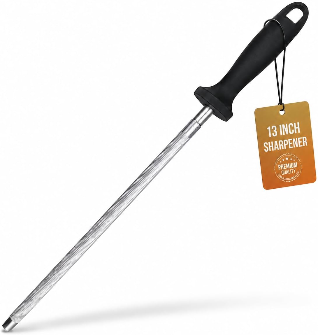Knife Sharpener Rod, 13 Inch Carbon Steel Honing Steel for Kitchen Knives, Professional Magnetized Sharpening Stick with Nickel-Chrome Plating, Easy Grip Tool for Chef Knives