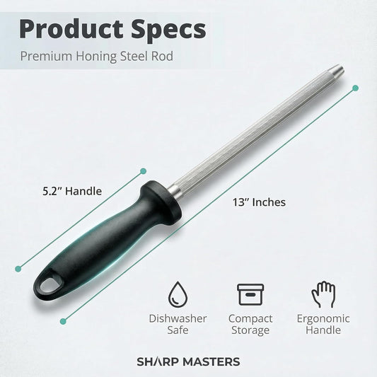 Knife Sharpener Rod, 13 Inch Carbon Steel Honing Steel for Kitchen Knives, Professional Magnetized Sharpening Stick with Nickel-Chrome Plating, Easy Grip Tool for Chef Knives